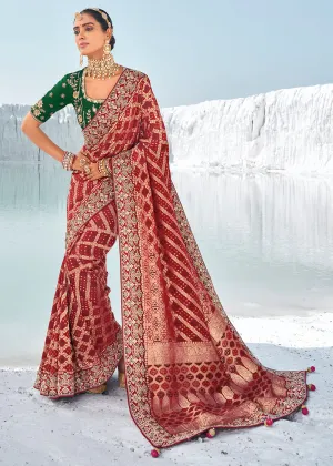 Maroon Red Georgette Silk Saree Featuring Zari Weave, Bandhani, and Patola Design