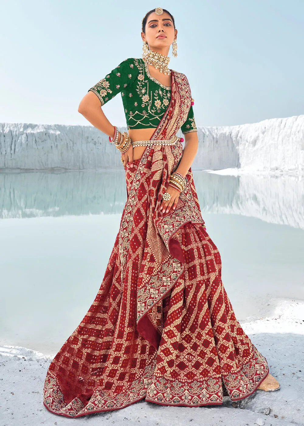 Maroon Red Georgette Silk Saree Featuring Zari Weave, Bandhani, and Patola Design