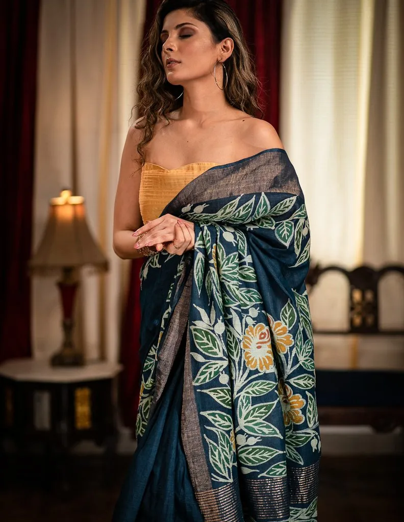 MIDNIGHT BLUE DESIGNER HAND BATIK CHANDERI SAREE