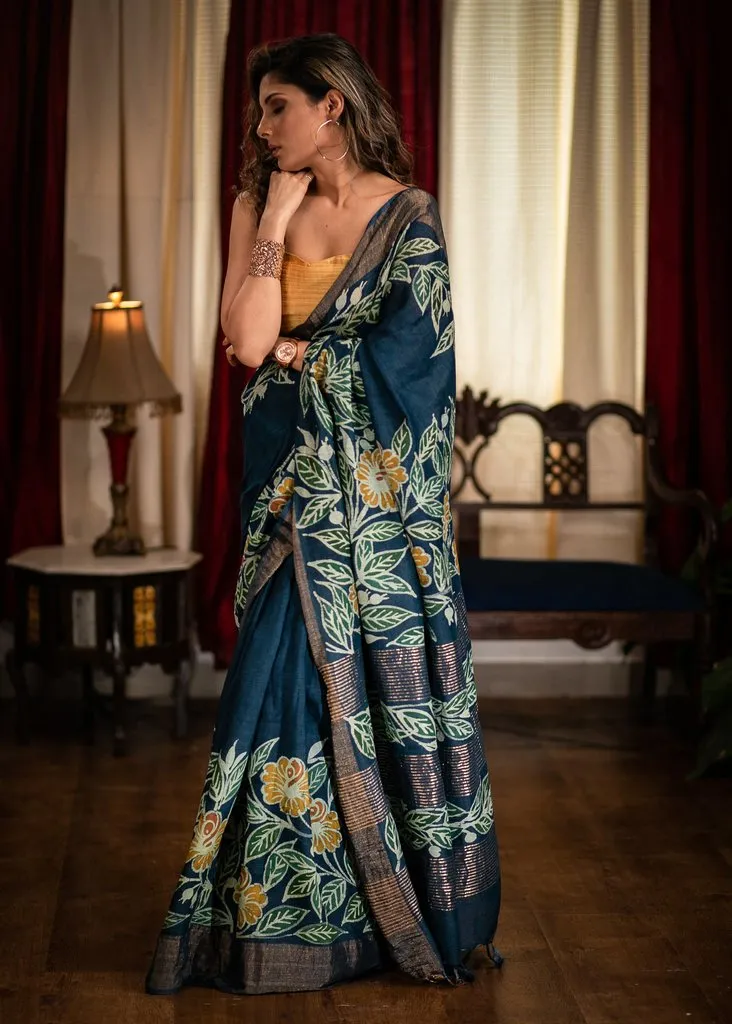 MIDNIGHT BLUE DESIGNER HAND BATIK CHANDERI SAREE