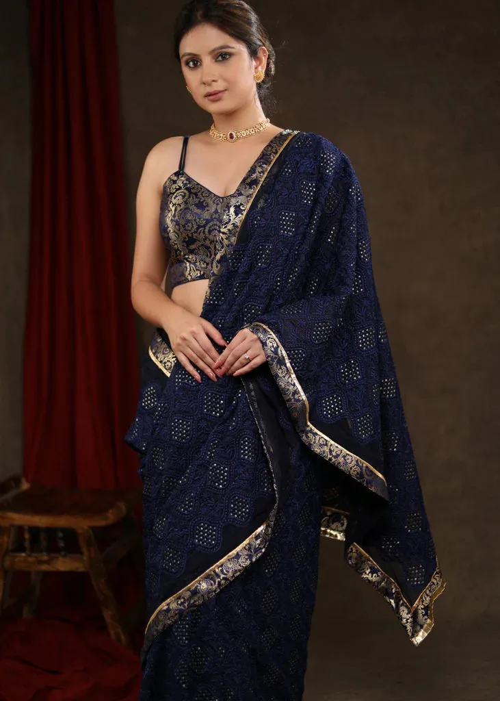 MIDNIGHT BLUE EMBROIDERED SAREE HIGHLIGHTED WITH BANASARI BORDER