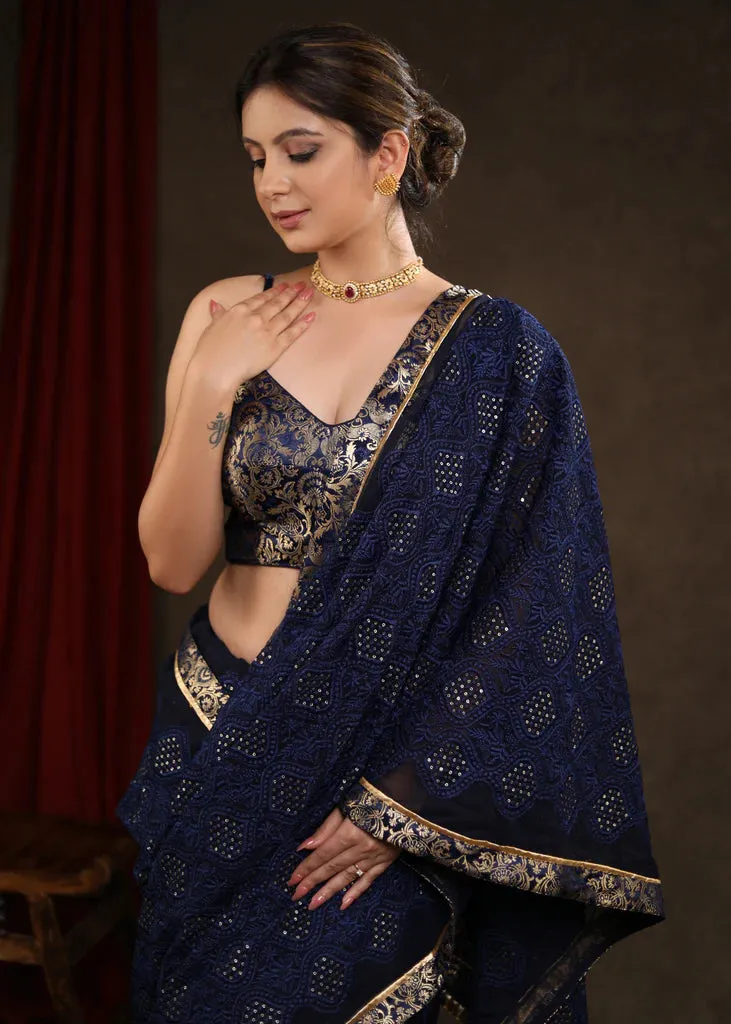 MIDNIGHT BLUE EMBROIDERED SAREE HIGHLIGHTED WITH BANASARI BORDER