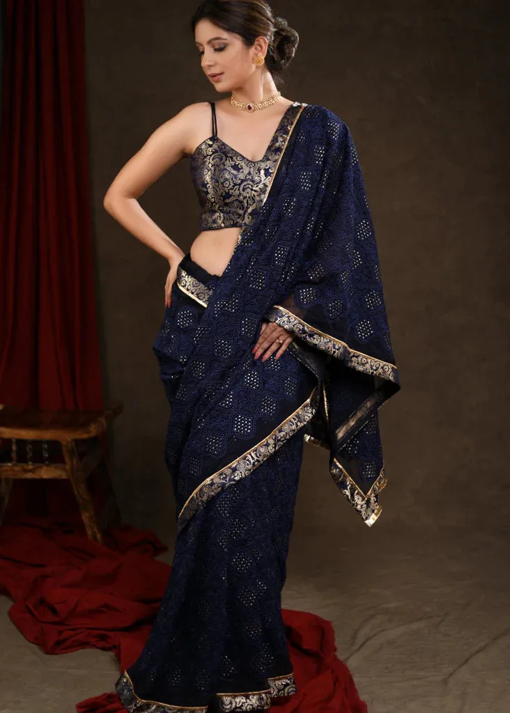 MIDNIGHT BLUE EMBROIDERED SAREE HIGHLIGHTED WITH BANASARI BORDER