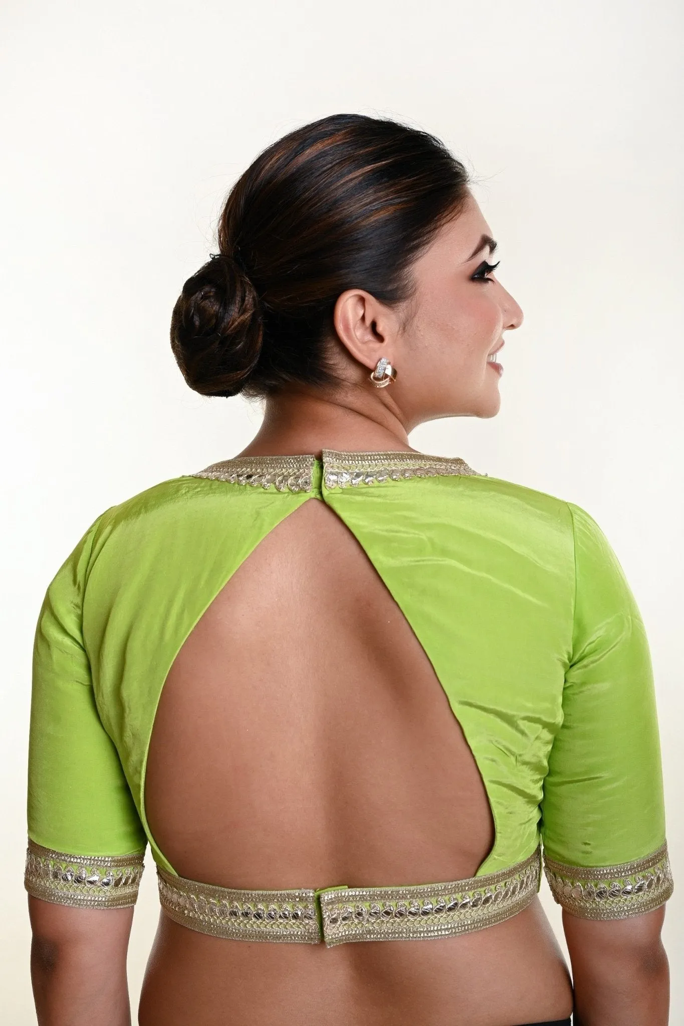 Mint Green Blouse with V Neckline and Embroidered Back Cutout and Half Sleeves