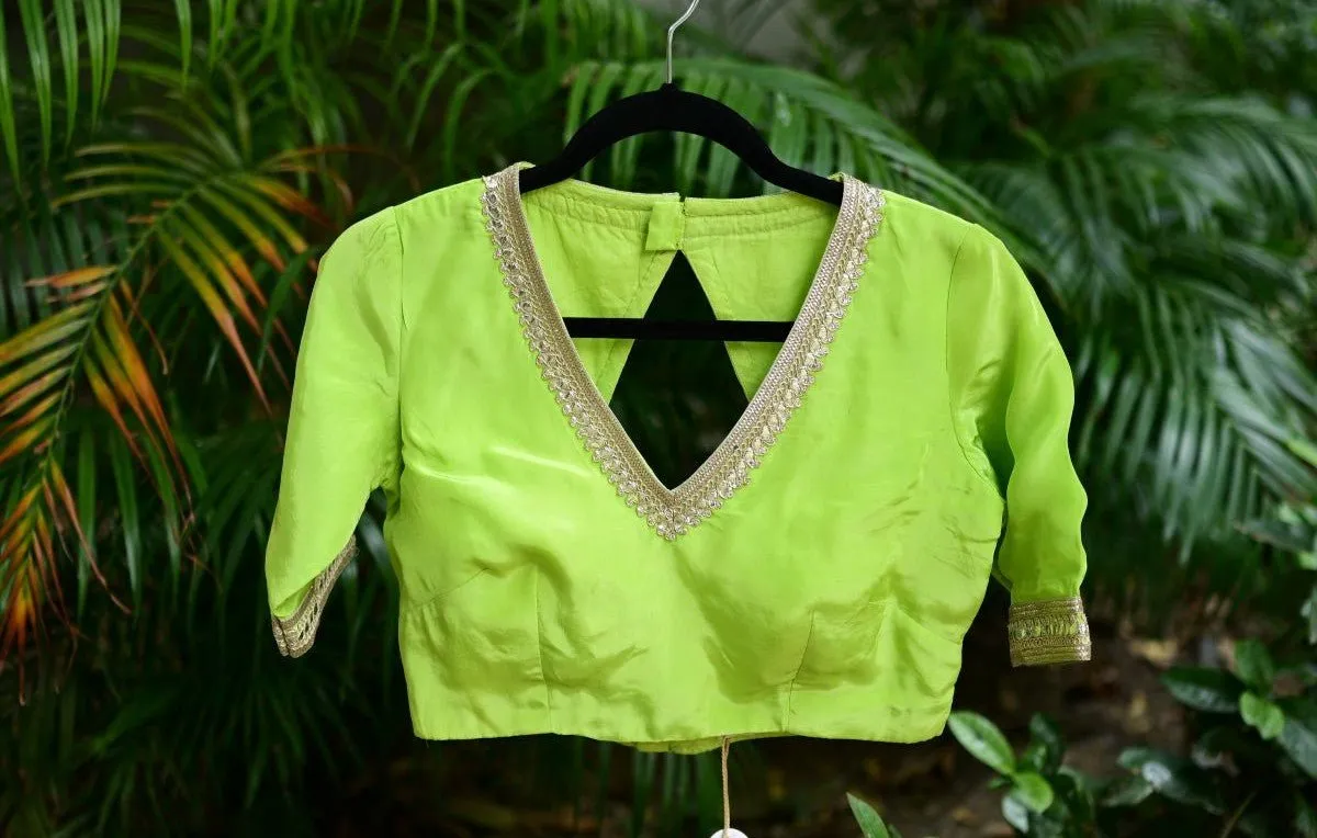 Mint Green Blouse with V Neckline and Embroidered Back Cutout and Half Sleeves