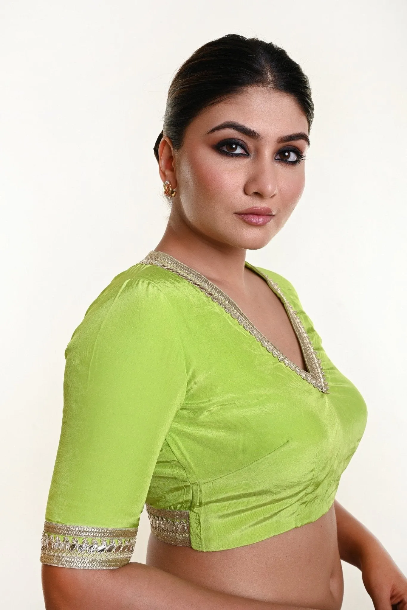 Mint Green Blouse with V Neckline and Embroidered Back Cutout and Half Sleeves