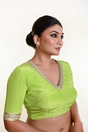 Mint Green Blouse with V Neckline and Embroidered Back Cutout and Half Sleeves