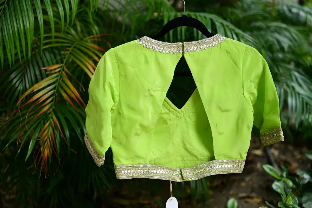 Mint Green Blouse with V Neckline and Embroidered Back Cutout and Half Sleeves
