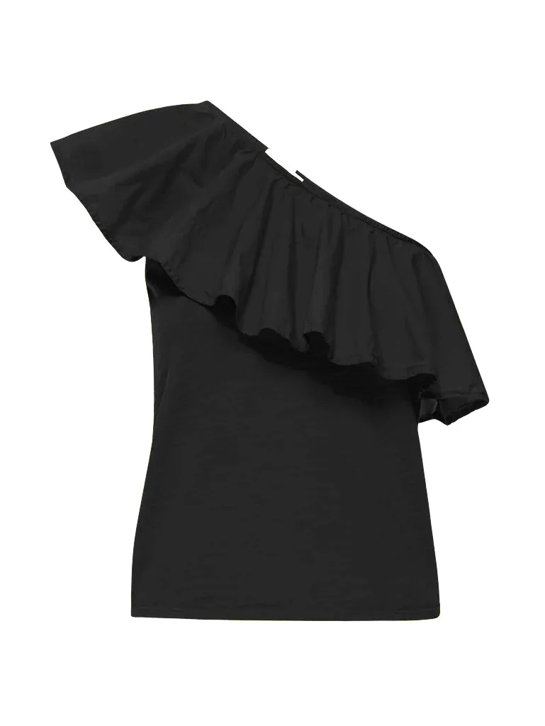 Noella ruffle one-shoulder top in jet black