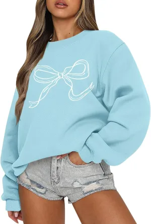 Pink Bow Sweatshirt Oversized Crewneck Sweatshirt Fall Pullover Sweatshirt Long Sleeve Bow Print Sweater Y2k Tops