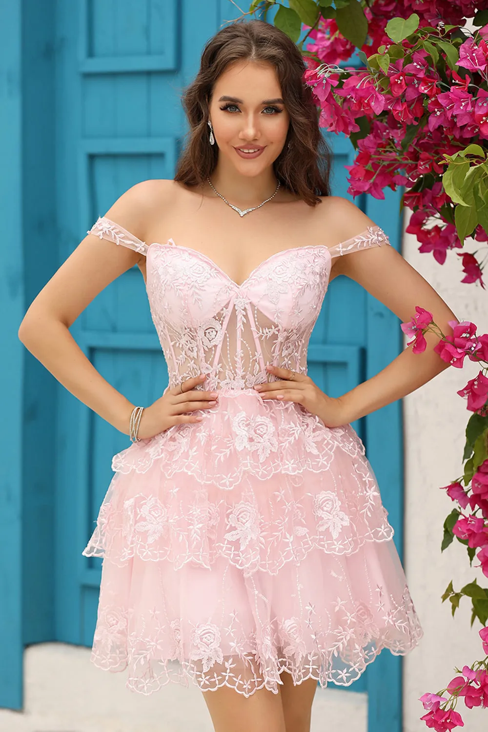 Purple Corset A-Line Tiered Homecoming Dress with Lace