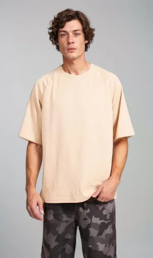 R208593 - Waffle Textured Oversized T-Shirt - Sand Beige