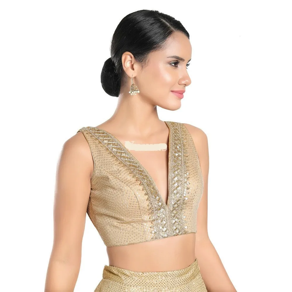 Readymade Jain Silk Padded Back Open Sleeveless Gold Saree Blouse