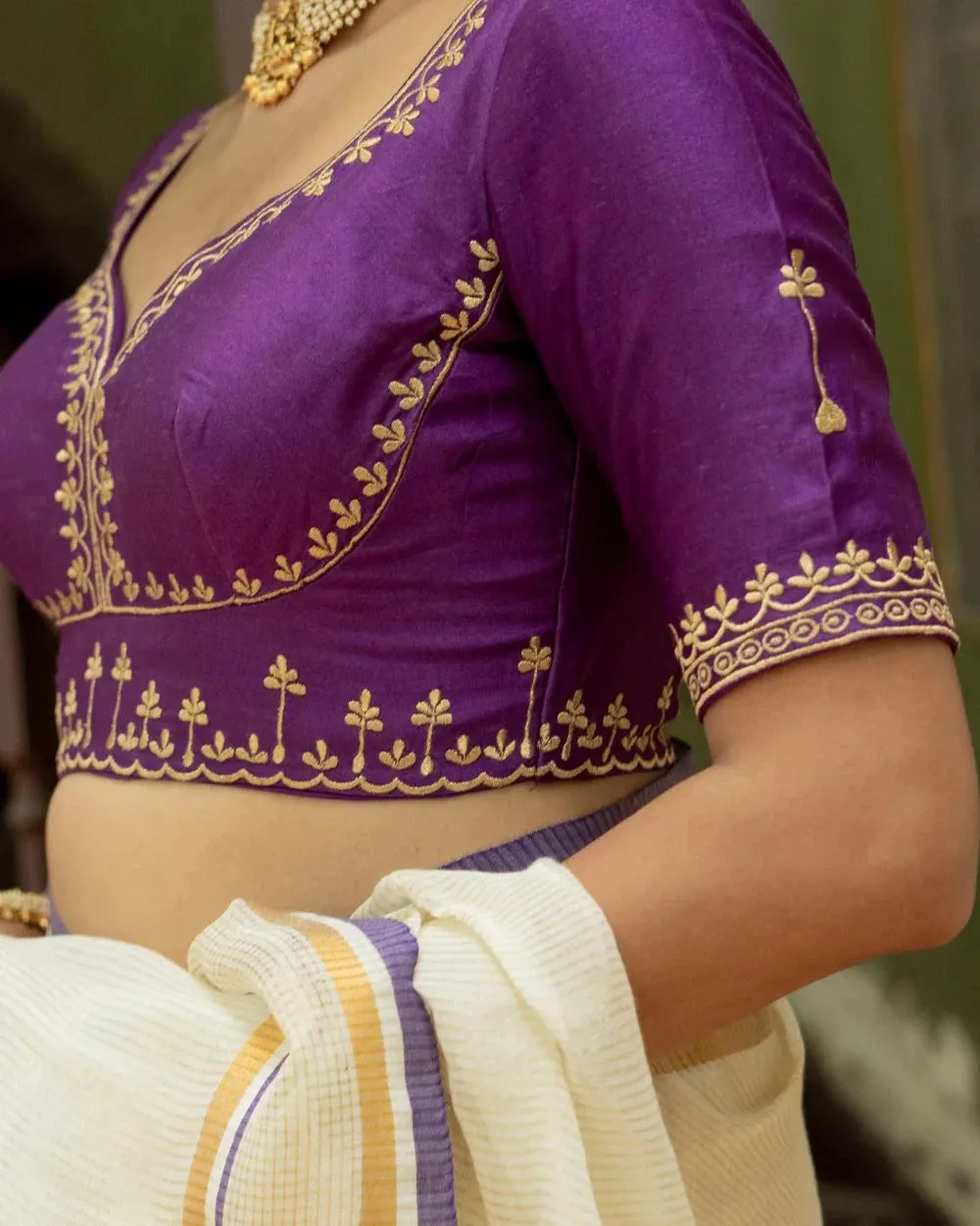Readymade Purple Cotton Silk Designer Blouse With Dome Neck
