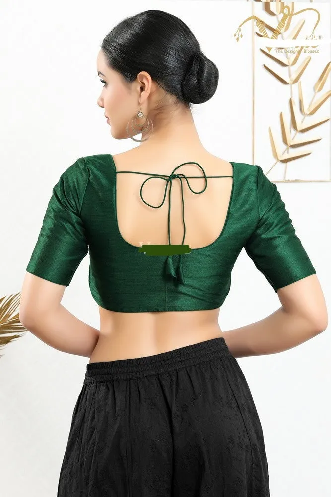 Readymade Silk Padded Front Back Elbow Sleeves Bottle-Green Saree Blouse
