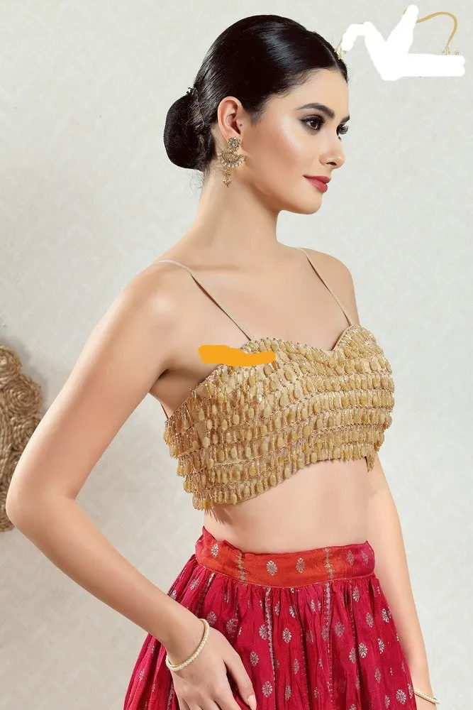 Readymade Silk Padded Gold Back Open Sleeveless Saree Blouse