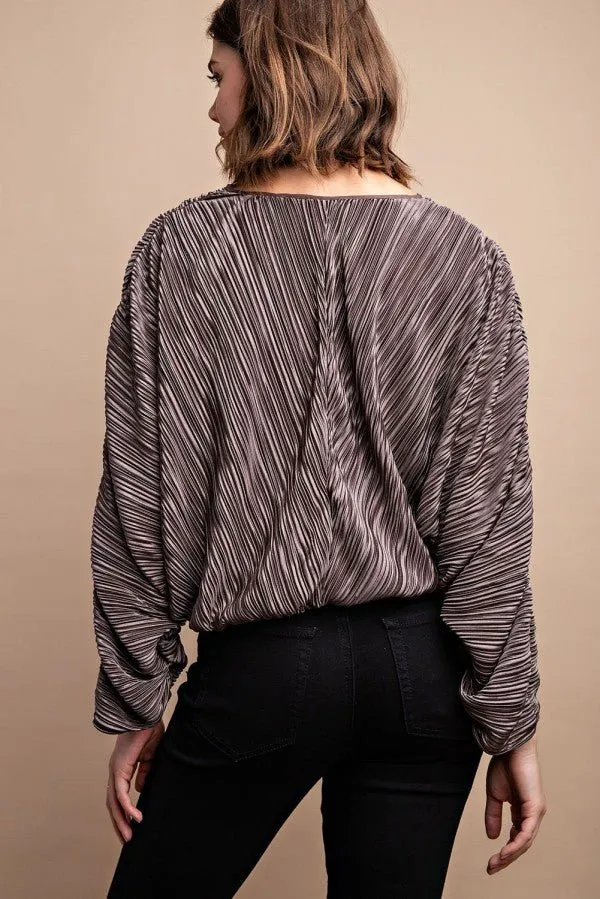 Satin Mocha Pleated Drawstring Top With Snap Button