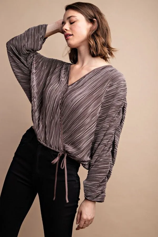 Satin Mocha Pleated Drawstring Top With Snap Button