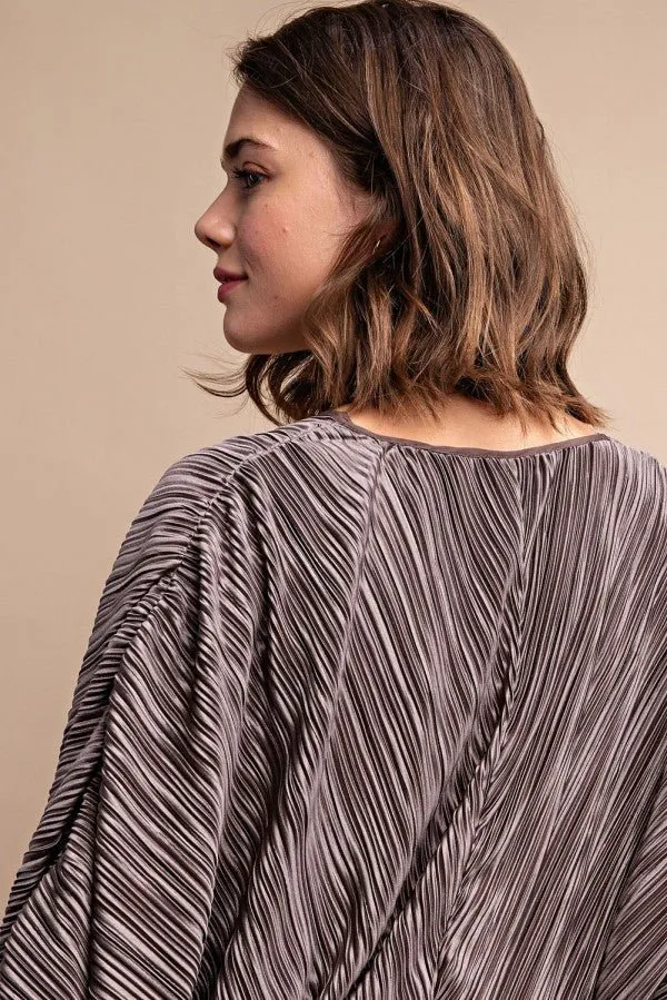 Satin Mocha Pleated Drawstring Top With Snap Button