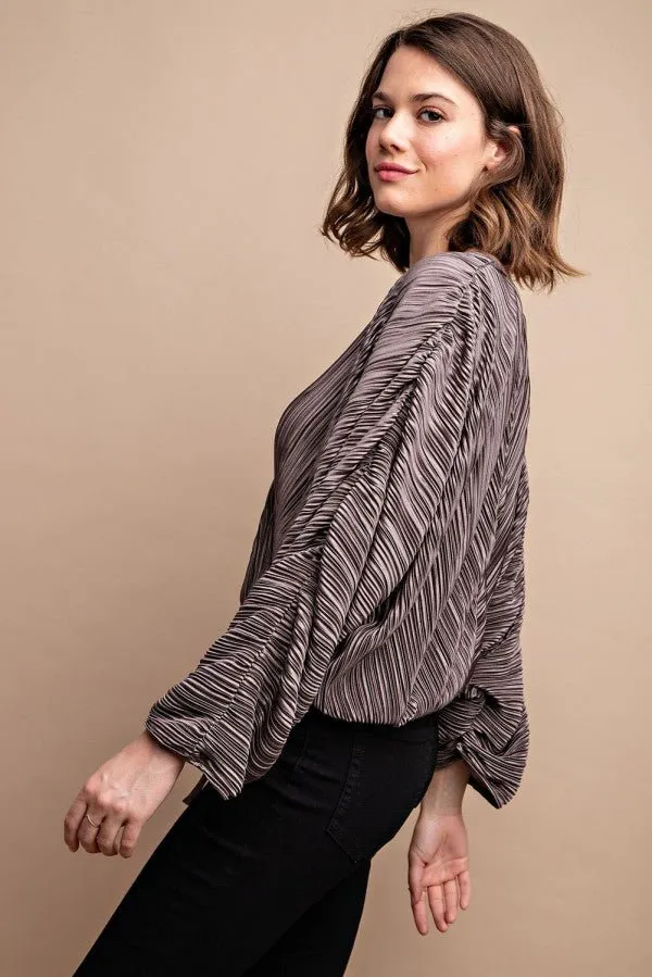 Satin Mocha Pleated Drawstring Top With Snap Button