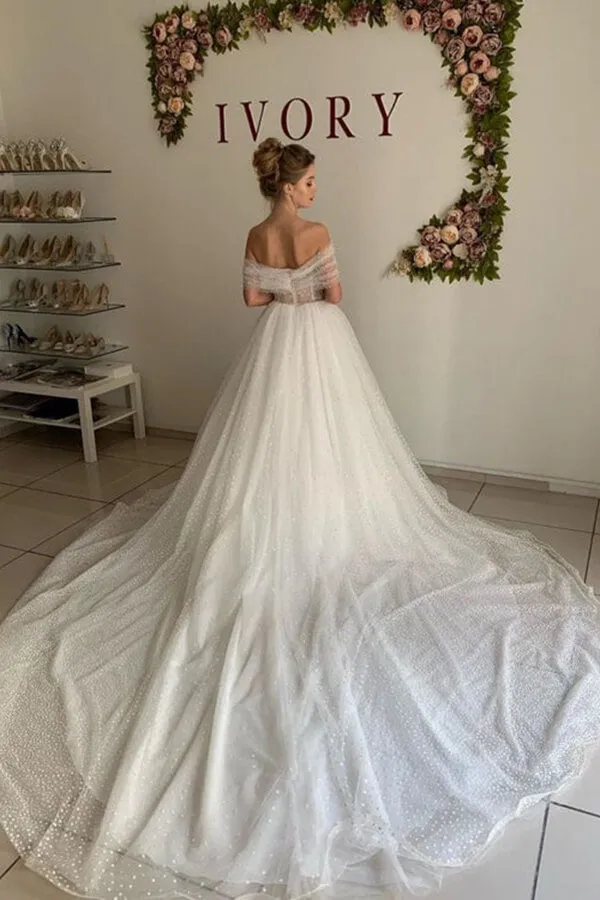 Shiny Ivory Dotted Tulle Off Shoulder Wedding Dresses With Cathedral Train, SW513