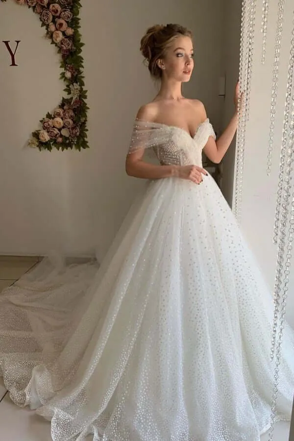 Shiny Ivory Dotted Tulle Off Shoulder Wedding Dresses With Cathedral Train, SW513