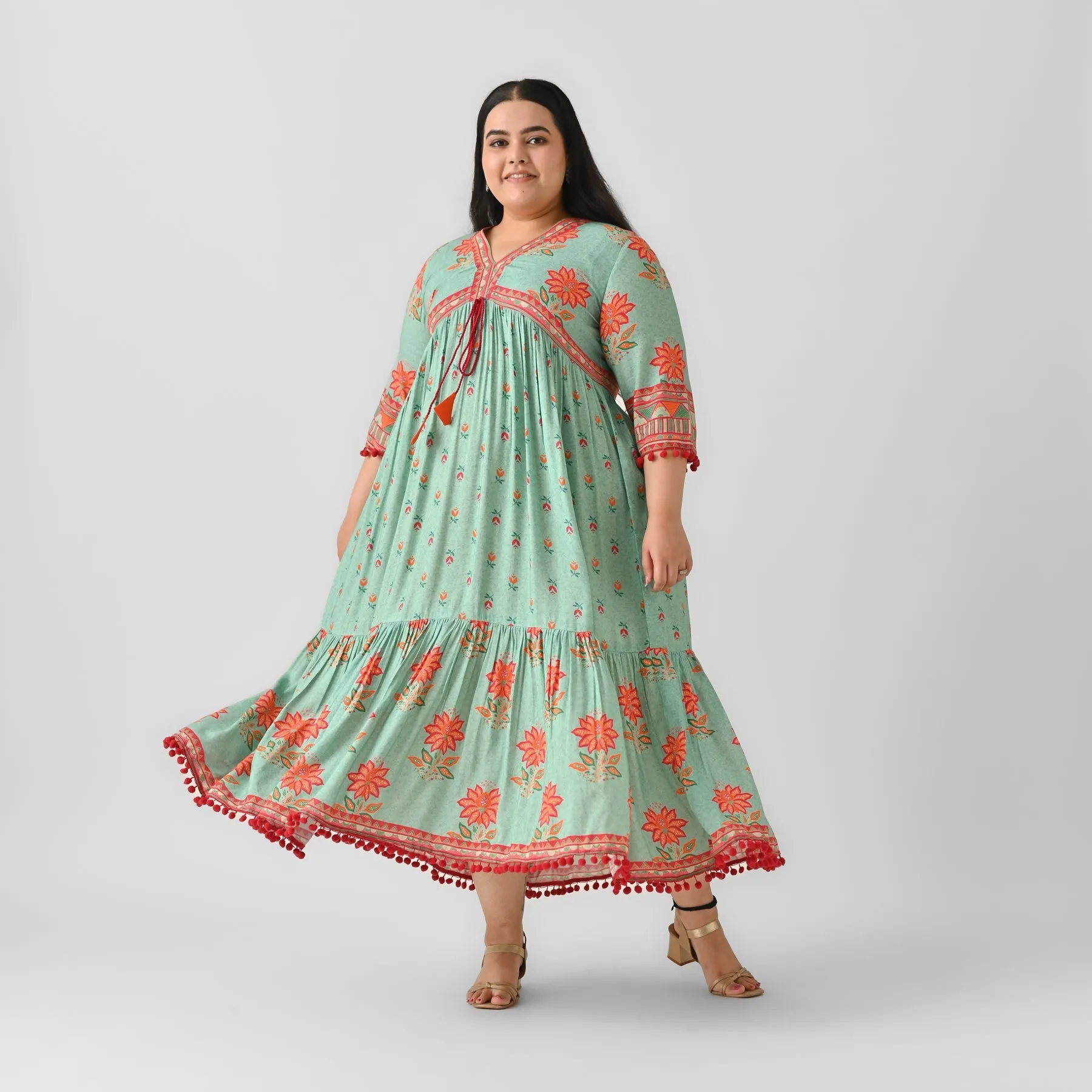 Sky Blue Rayon V-Neck Tiered Dress With Pompom Detailing (Plus)
