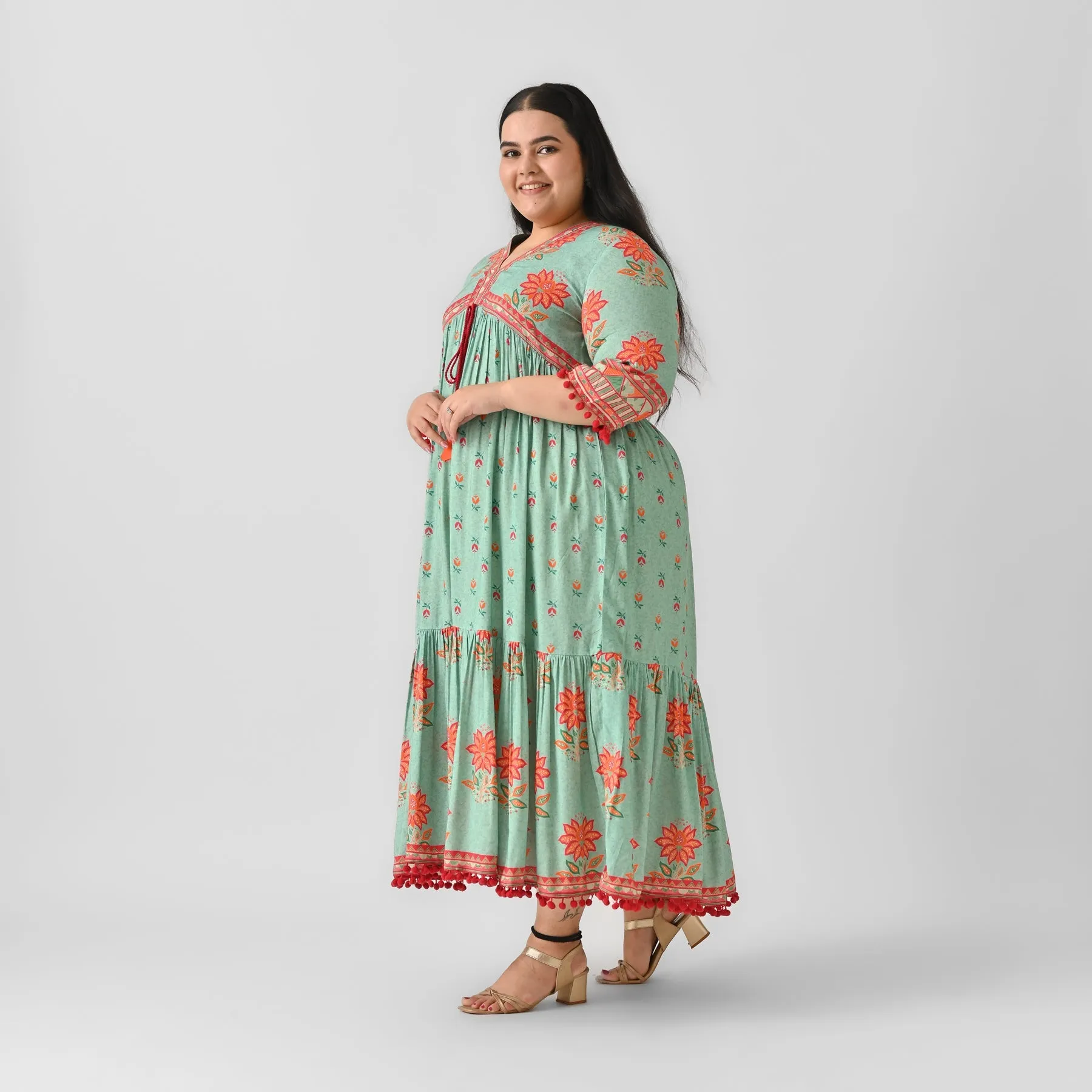 Sky Blue Rayon V-Neck Tiered Dress With Pompom Detailing (Plus)