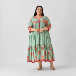 Sky Blue Rayon V-Neck Tiered Dress With Pompom Detailing (Plus)