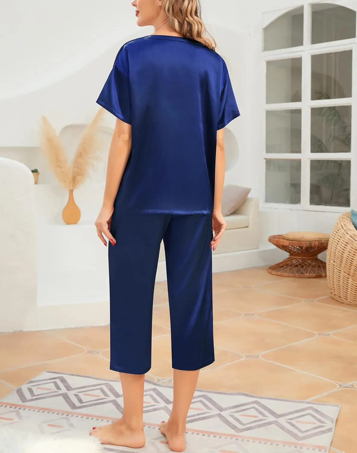 SWOMOG Womens 2 Piece Satin Pajamas Silk Short Sleeve Pjs Sets Capri Bottom Pajama Pants Loose Outfit with Pockets