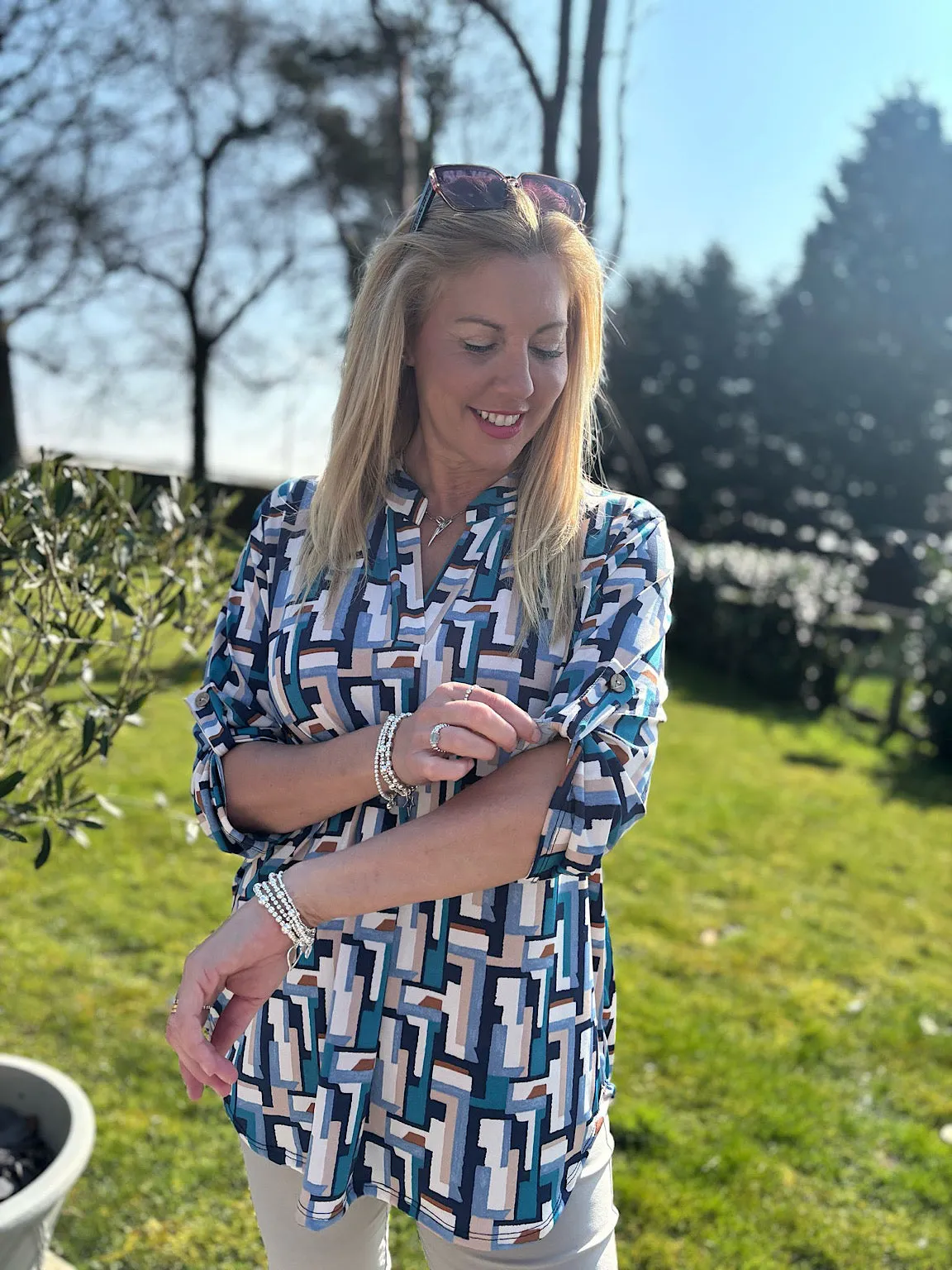 Teal Multi Block Print Blouse Gloria