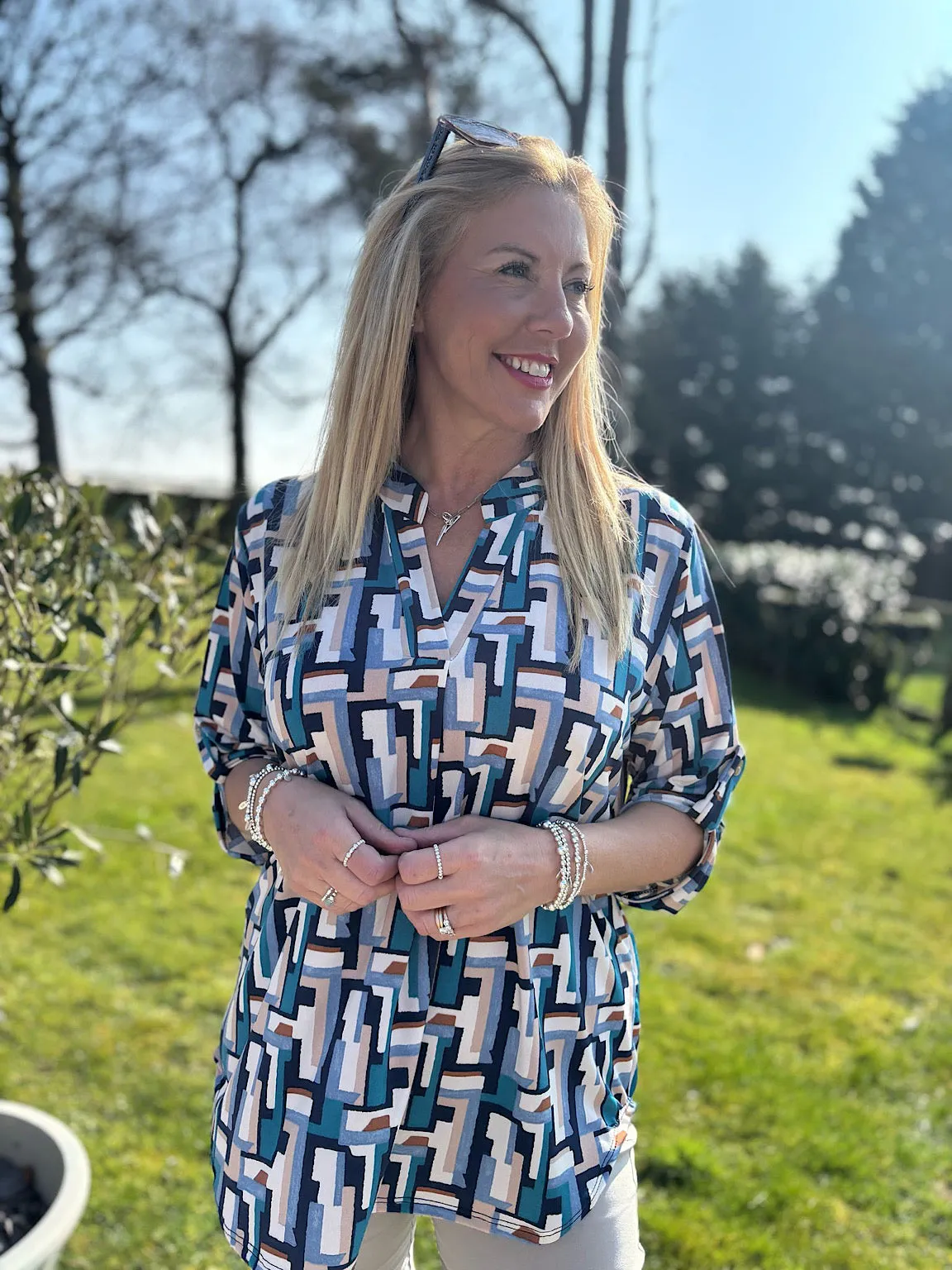 Teal Multi Block Print Blouse Gloria
