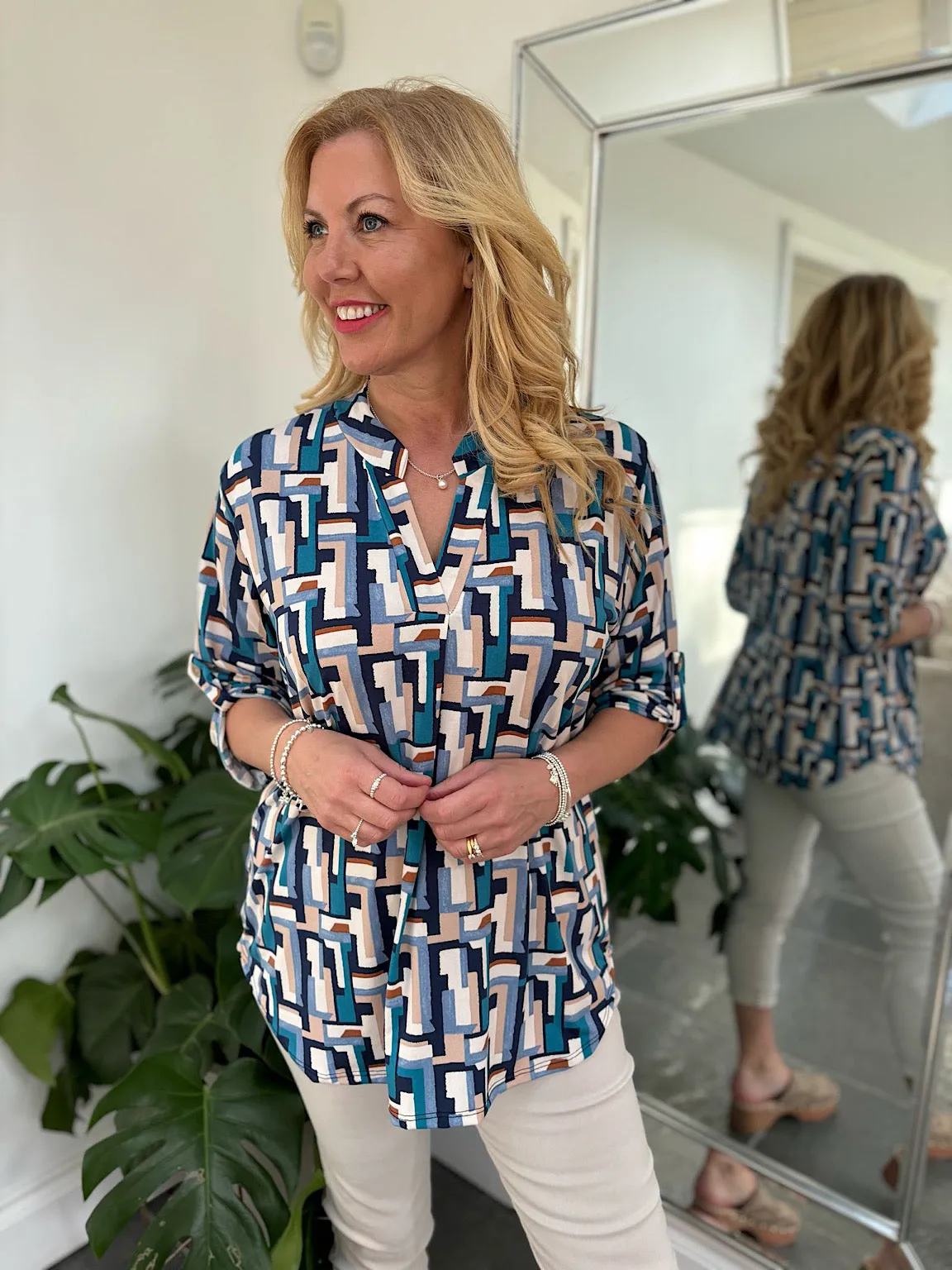 Teal Multi Block Print Blouse Gloria