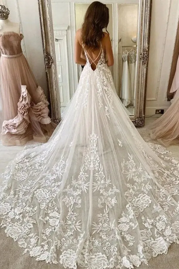 Tulle A-line Spaghetti Straps Backless Wedding Dress, Beach Bridal Gown, SW591