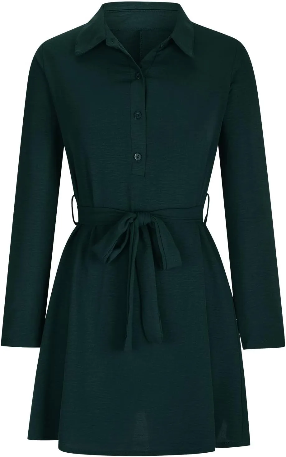 Women 2024 Loose Mini Dress Button V Neck Tie Waist Dresses Casual Long Sleeve Plain Shift Tunic