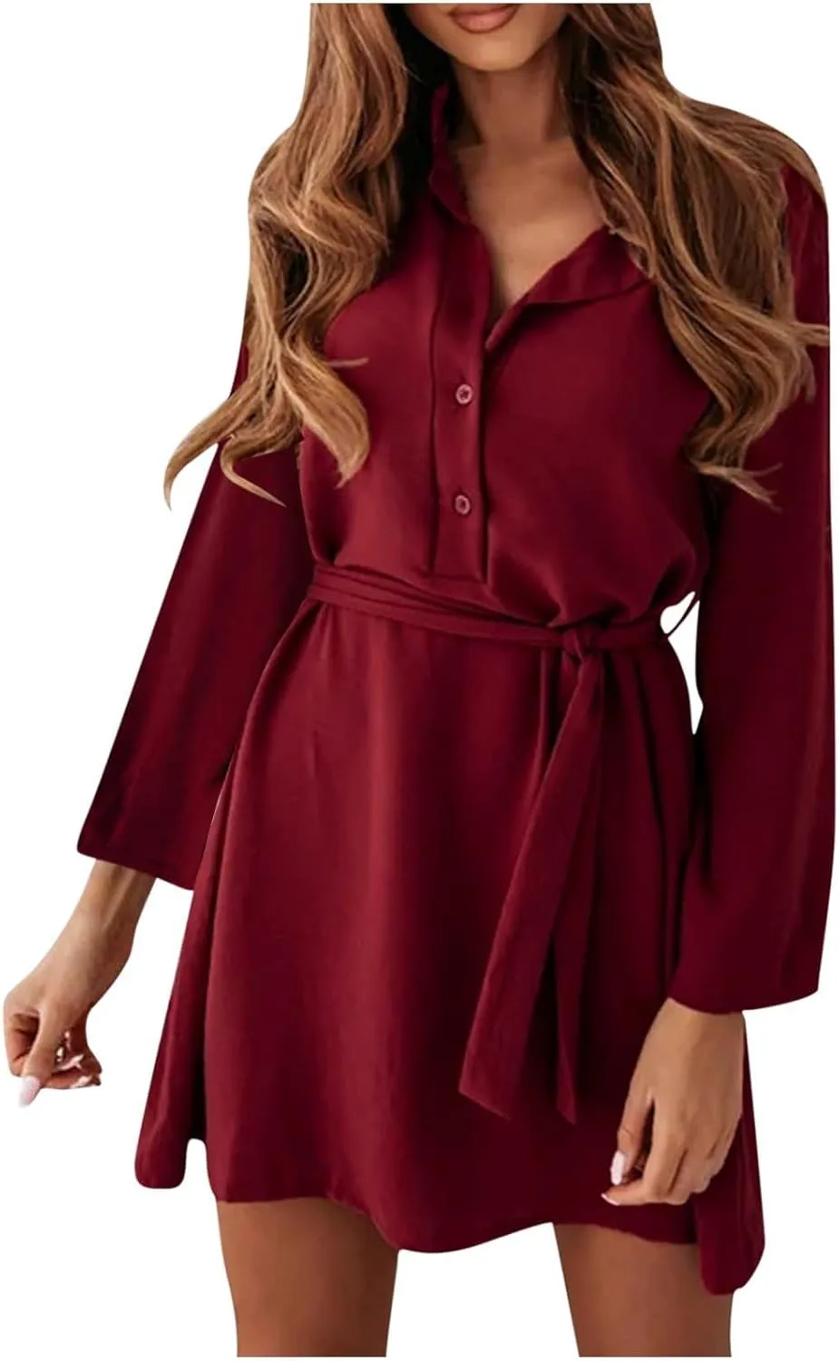 Women 2024 Loose Mini Dress Button V Neck Tie Waist Dresses Casual Long Sleeve Plain Shift Tunic