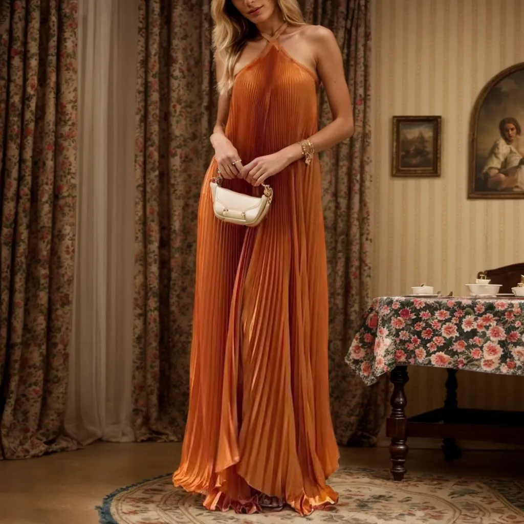 Women Summer Pleated Maxi Dress Casual Satin Halter Sleeveless Backless Vacation Flowy Beach Wedding Guest Sun Dress