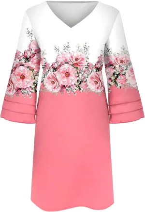 XOWRTE Summer Spring Womens V Neck Cute Shift Dress with Pockets Bell Sleeve Ruffle Hem Loose Swing Summer Tunic Mini Dress